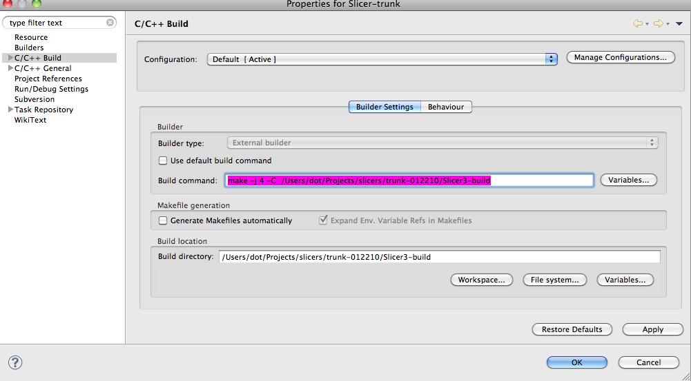 Eclipse Build Options Dialog